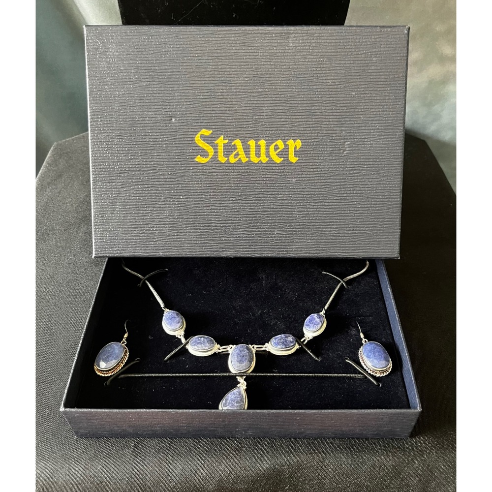 Stauer Necklace and Earring Set Sterling Silver Simulated Sapphire Jewelry Women - Picture 8 of 8